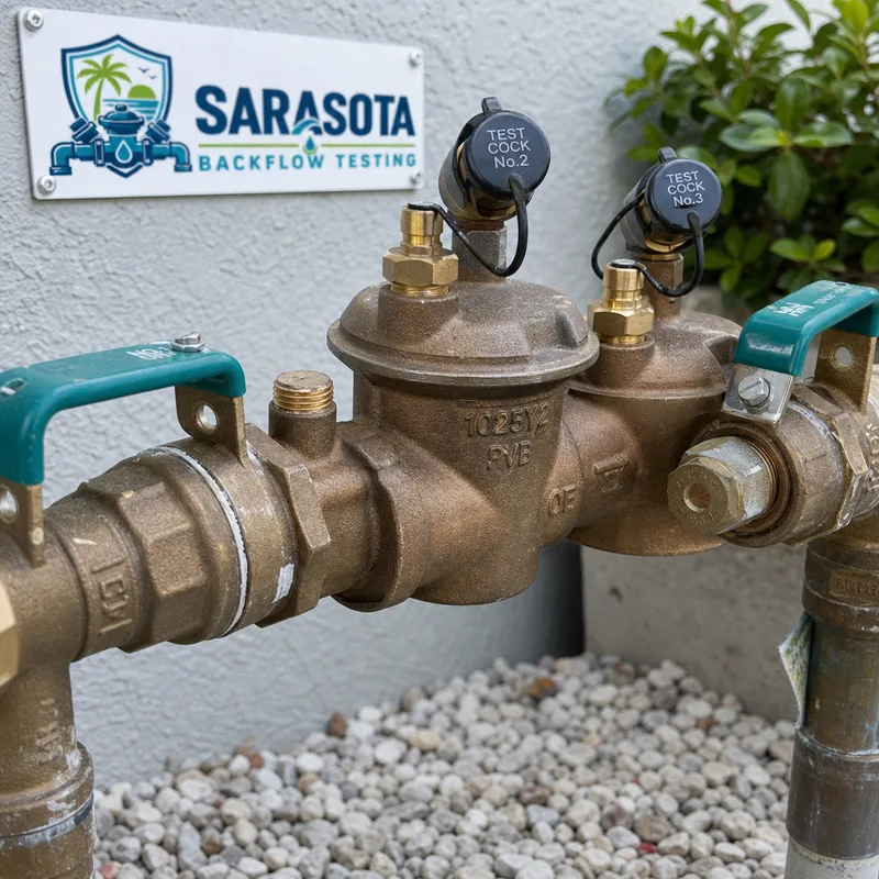 Clean PVB irrigation backflow preventer with visible shutoff valves, test cocks, and intact caps