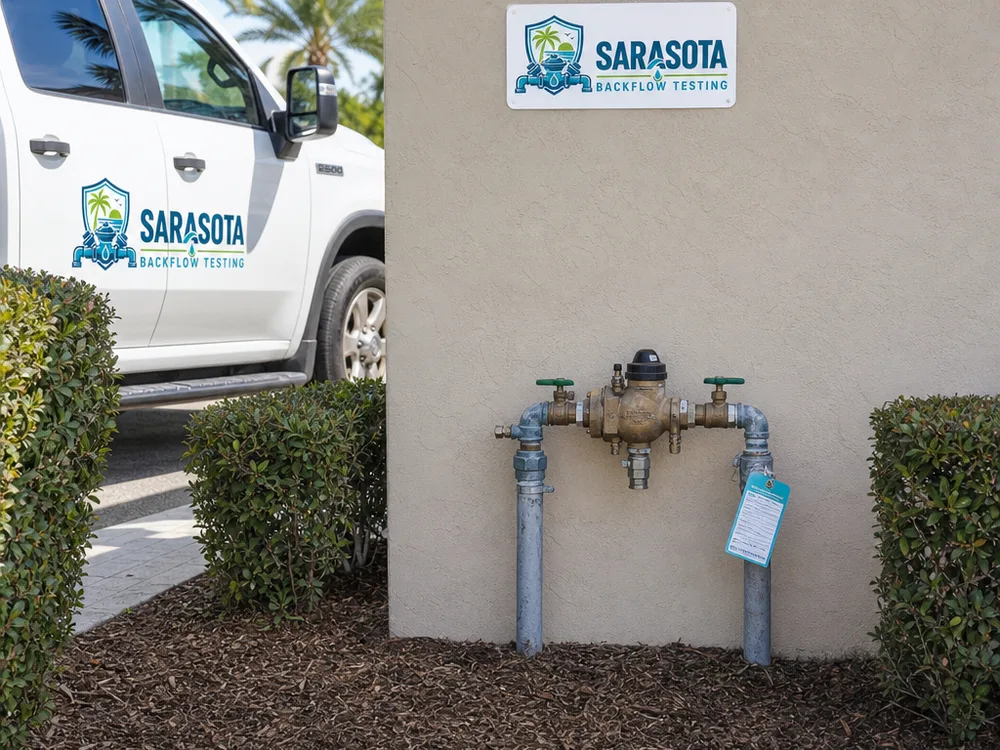 Irrigation backflow assembly with surrounding vegetation trimmed for clear annual testing access