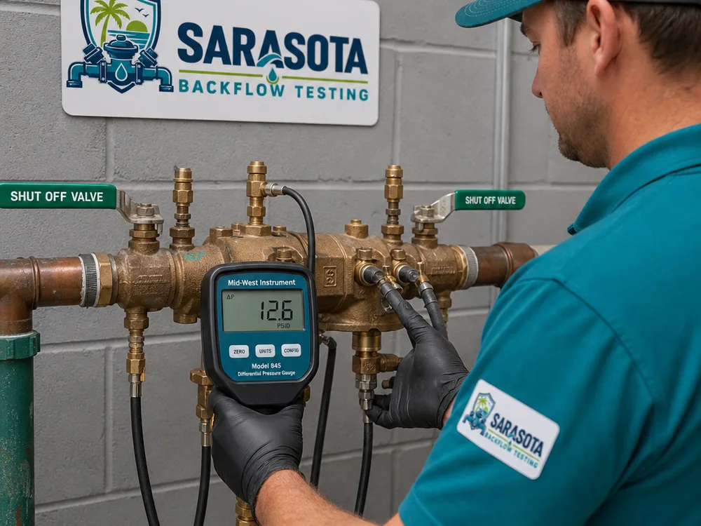 Calibrated differential pressure gauge connected to a commercial backflow assembly in a mechanical room