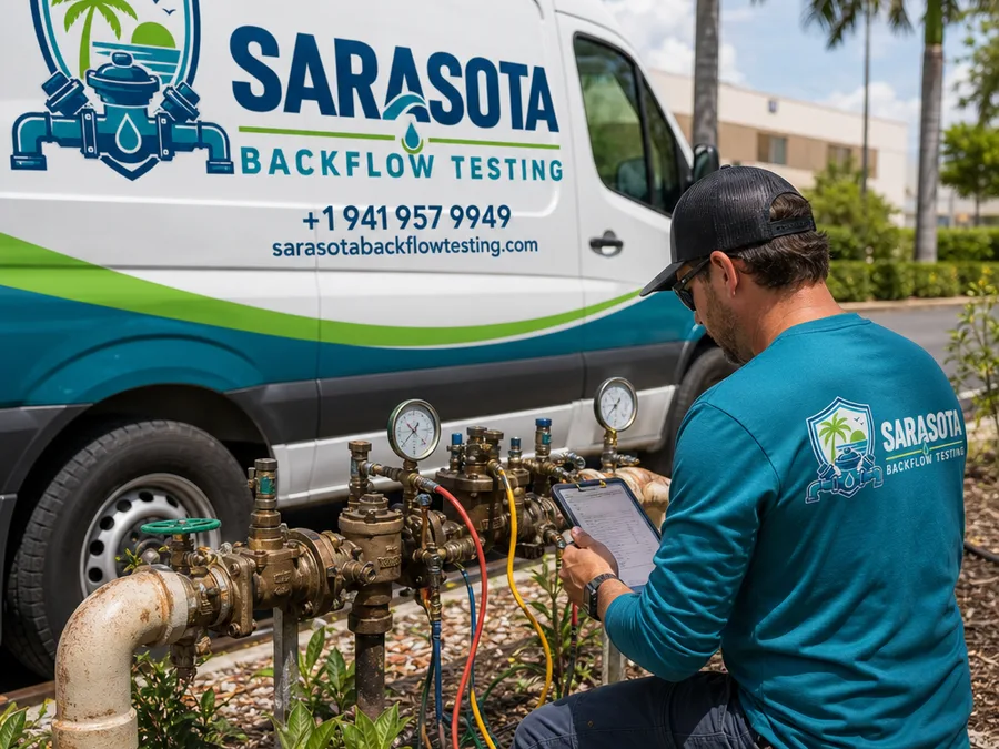 Technician testing a commercial irrigation RPZ assembly and recording gauge readings